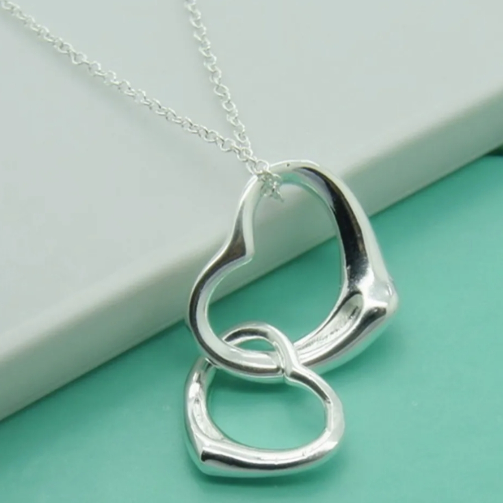 Love Friendship Double Floating Heart Necklace 16" Chain .925 Stamped